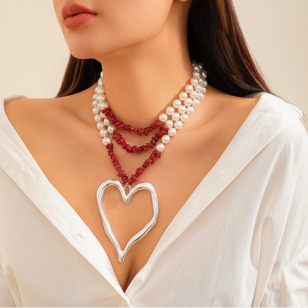 Silver Heart Pendant Necklace with Red and White Beads